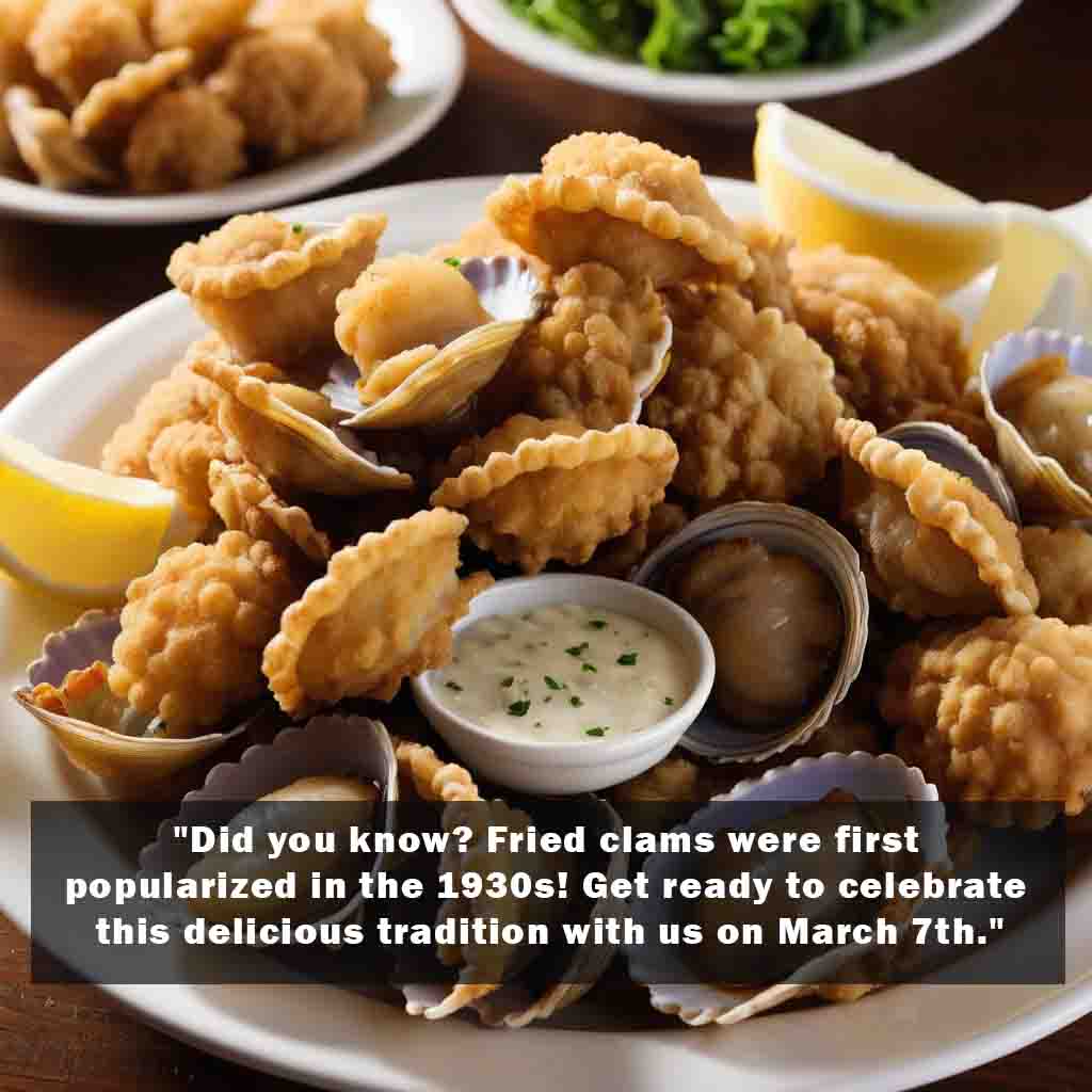 Did you know Fried clams were first popularized in the 1930s Get ready to celebrate this delicious tradition with us on March 7th. copy